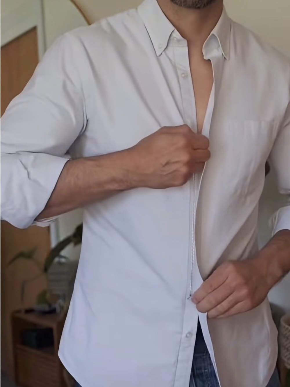 Teddy Stratford Zipfit Oxford Button-Down Dress Shirt Hidden Zipper Large White